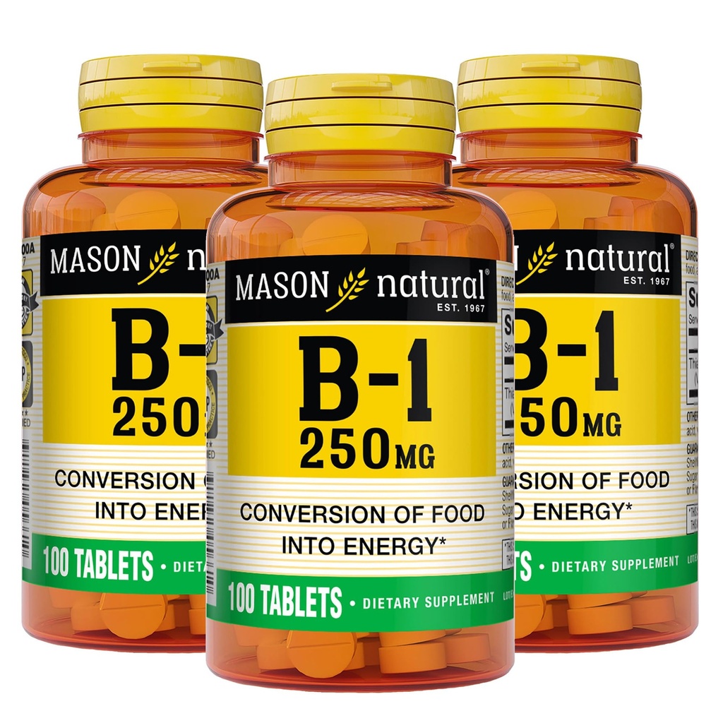 MASON NATURAL Vitamin B1 Thiamine 250 mg, 300,Day Supply, Dietary Supplement to Support Natural Energy Levels, 100 Tablets (Pack of 3)