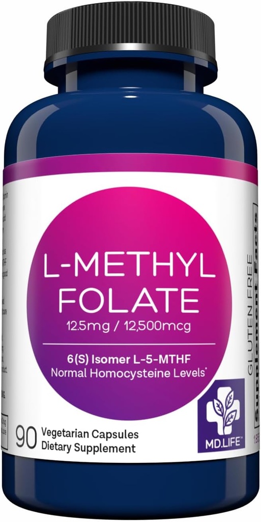 MD Life L Methylfolate 12.5mg - Professional-Grade Active Methylfolate Supplement - Maximum Potency MTHFR Kosttillskott - L metyllfolat 12,5 mg 90 kapslar - Väsentliga aminosyror