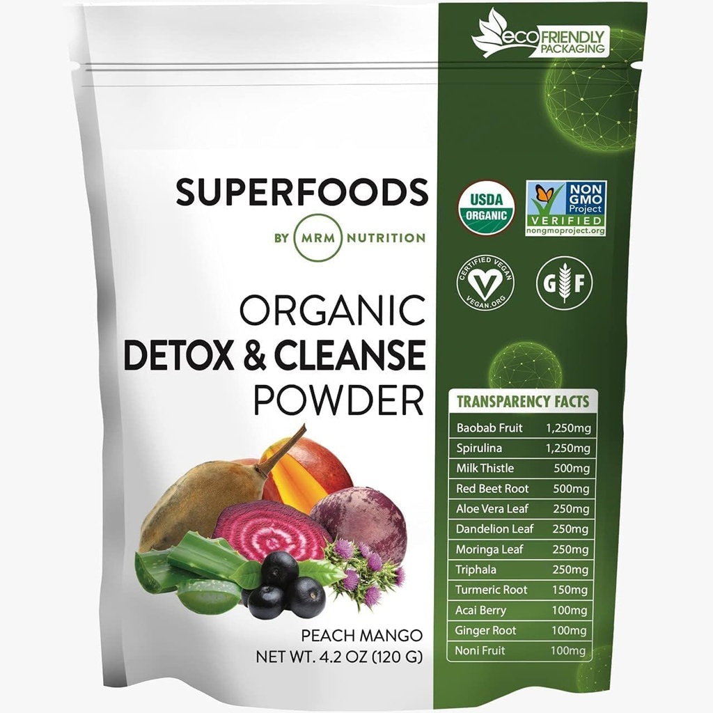 MRM Nutrition Organic Detox och Cleanse Powder | Peach Mango smaksatt | Gentle Daily Detox | Superfoods | Antioxidanter + klorofyll + Phycocyanin + Electrolytes | 15 portioner