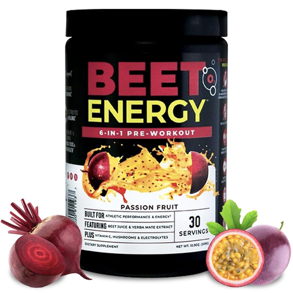 Nutrology Beet Energy O2, Pre Workout Powder, Energy, Endurance & Nitric Oxide Booster med Beet Powder, Yerba Mate, Adaptogens & Electrolytes, Vegan Pre Workout, Passion Fruit Flavor, 30 Servings