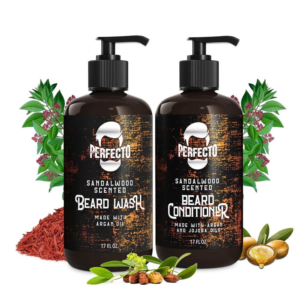 Perfecto Beard Wash & Beard Conditioner Set med Argan och Jojoba Oils - Stärker och mjuknar - Natural Sandalwood Scent