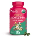 Zena Nutrition Organic Super Greens Fruit & Veggies Supplement, 70 + Superfoods från Fruit & Vegetables, 3g Fiber, Spirulina, Chlorella, Prebiotics & Probiotika, Digestive Enzymes, 180 Capsules