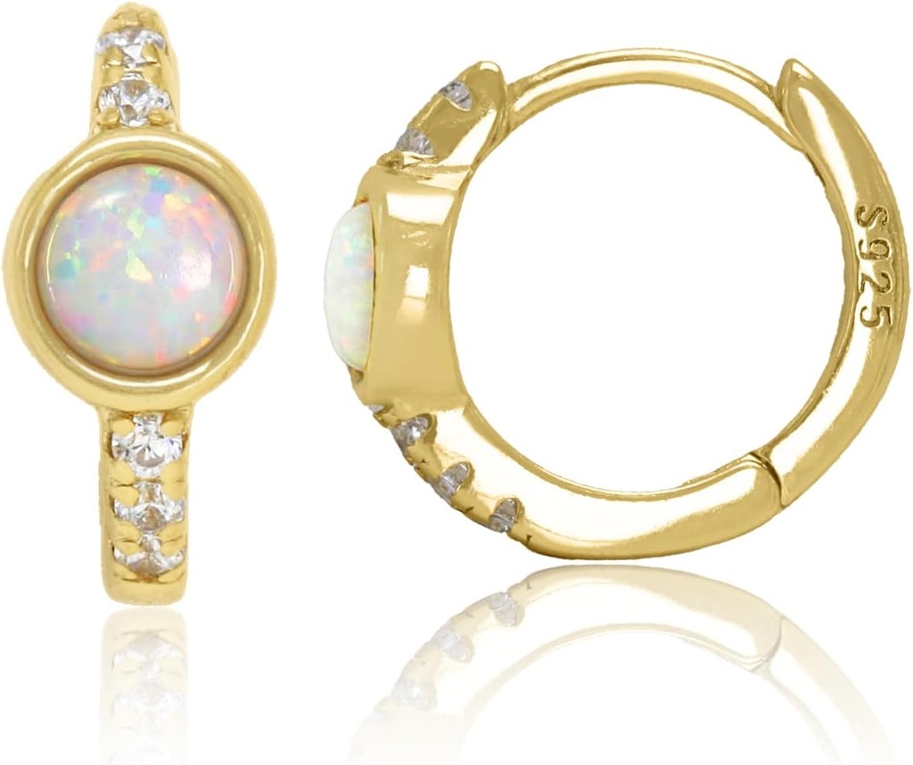 14K Gold Plated 925 Sterling Silver Skapad Vit Opal Huggie Hoop Earrings
