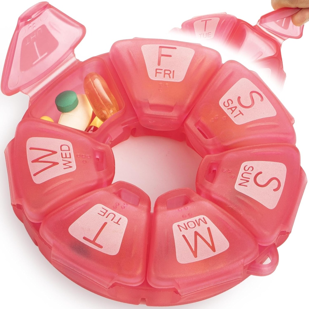 Round Weekly Pill Organizer, TPU Rubberized, Travel Pill Container 7 Day, med 7 stora kompartement, bra för dagliga vitaminer och tillskott, Söt Pill Case med stora brev och Braille (Rose)