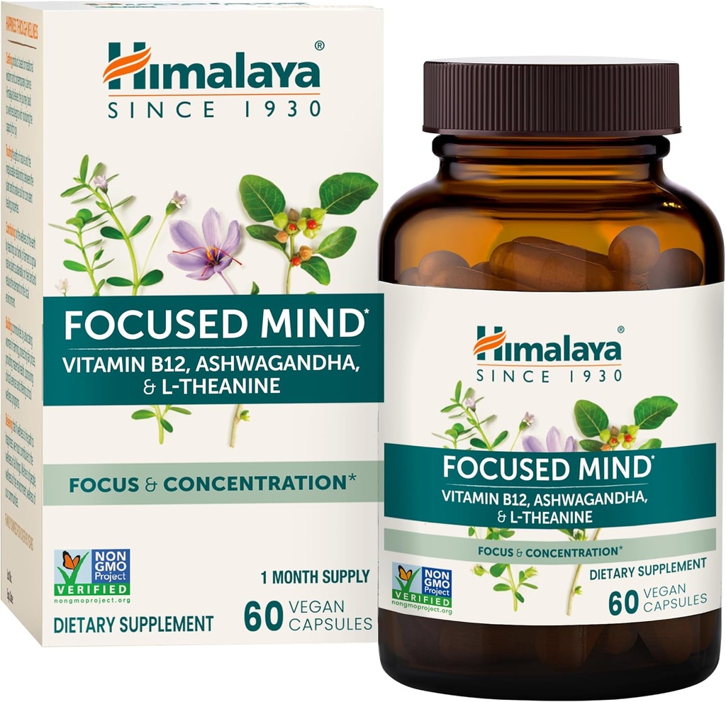 Himalaya fokuserade sinne med Ashwagandha, Bacopa & L-Theanine för fokus, energi och uppmärksamhet, 60 kapslar, 1 månads leverans, Vegan, Gluten Free