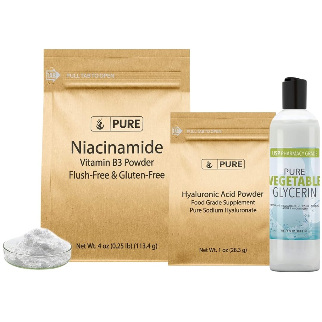 Rena ursprungliga ingredienser Hyaluronsyra, Niacinamide och Glycerin Bundle, olika storlekar, luktfria, färglösa