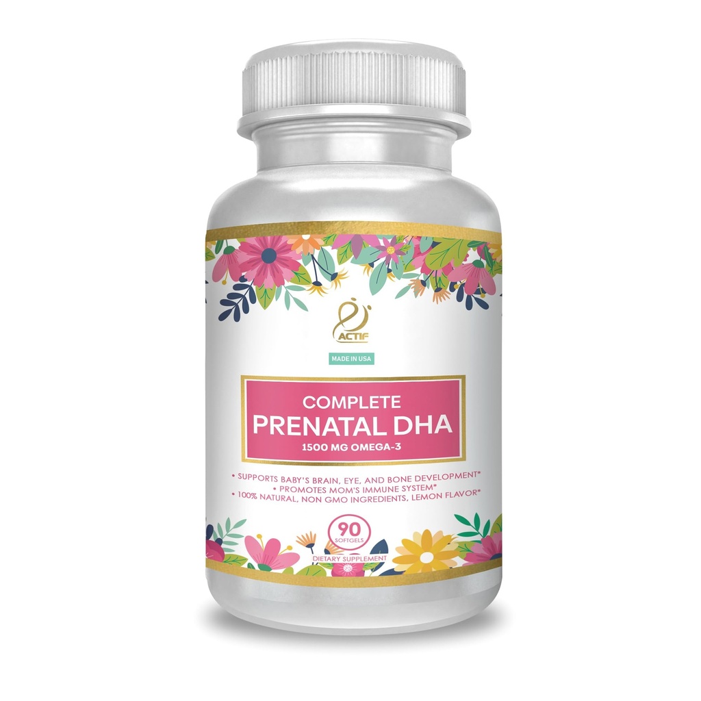 ACTIF komplett prenatal DHA med 1500mg Omega-3, 100% naturlig, organisk DHA, EPA - Icke-GMO, 90 räkna