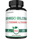 1000mg Ginkgo Biloba Supplements with L-Tyrosine, L-Theanine - 120 kapslar för 2-månaders leverans - Stödfokus, Mermory Function, Brain Health & Vision Quality