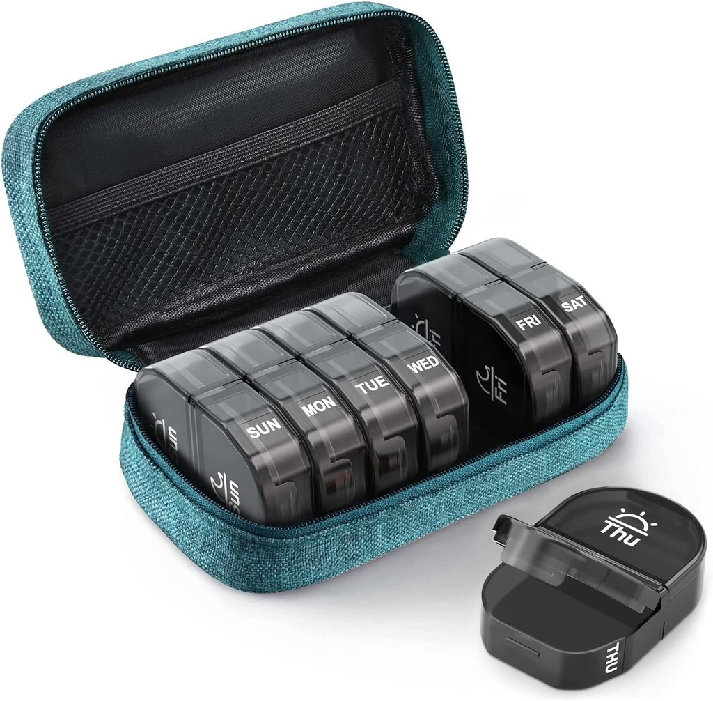 AUVON Canvas Bag Travel Pill Organizer 2 gånger om dagen, Stor AM / PM Weekly Pill Box 7 Day Pill Case med bärbar Cyan Zipper Cloth Bag för Holding Supplements, Vitaminer och fiskoljor
