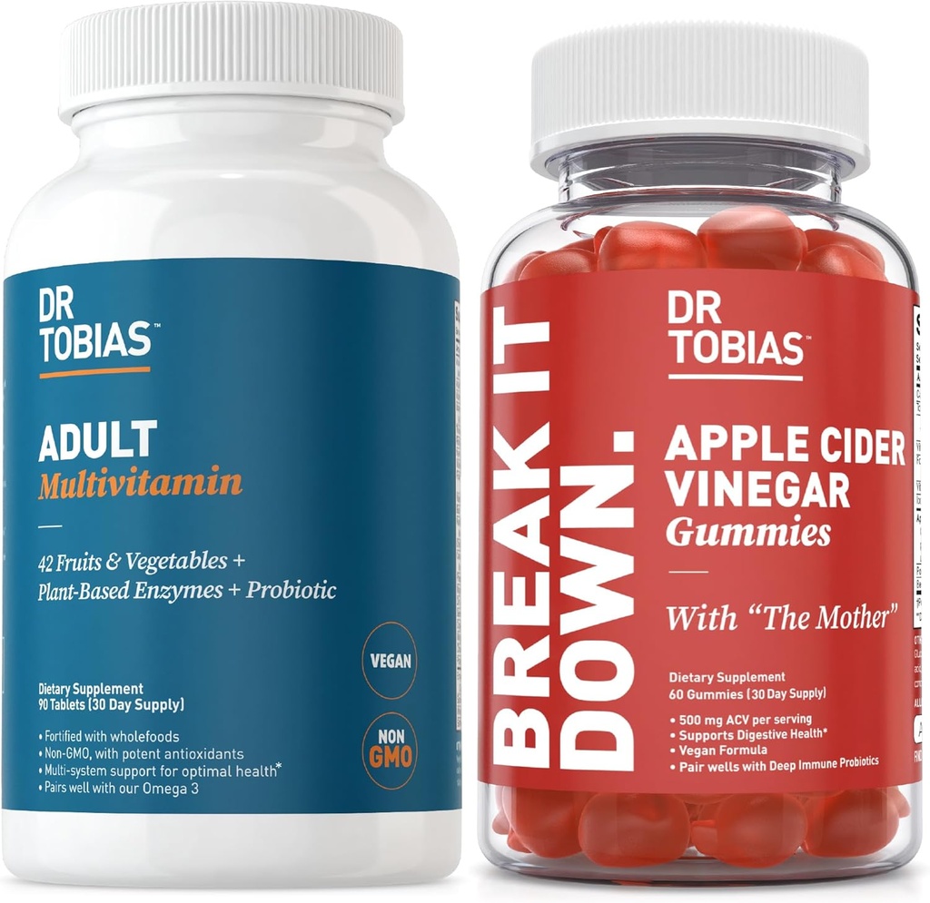 Dr Tobias Adult Multivamin & Apple Cider Vinegar Gummies, stöder energi, immunitet och tarmhälsa, med 42 frukter och grönsaker Plus Probiotika, klättrar mamman, FOlate, B12