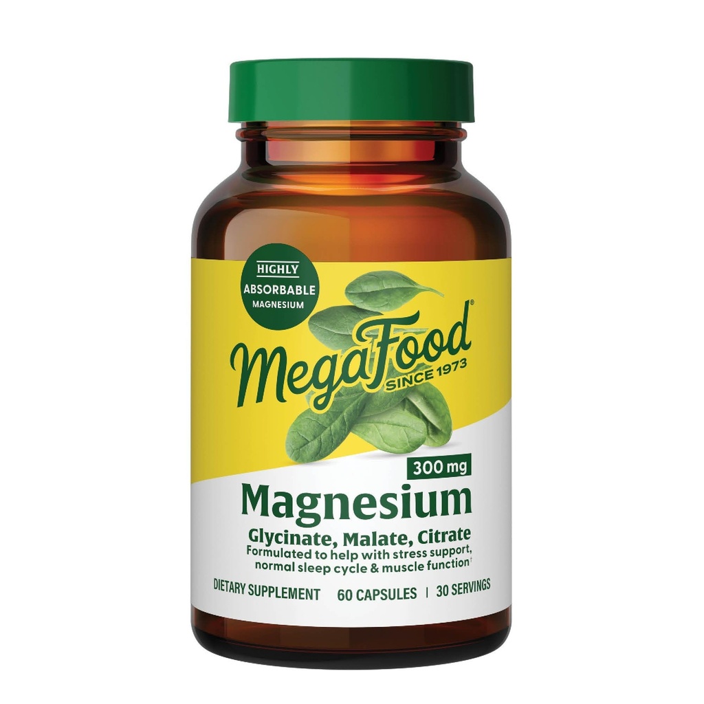 MegaFood Magnesium Glycinate, Citrate, Malate 300mg Supplement - Highly Absorbable Blend to Support Heart, Nerve Health & Relaxation, Triple Magnesium Complex Supplement, 60 Capsules (30 Servings)