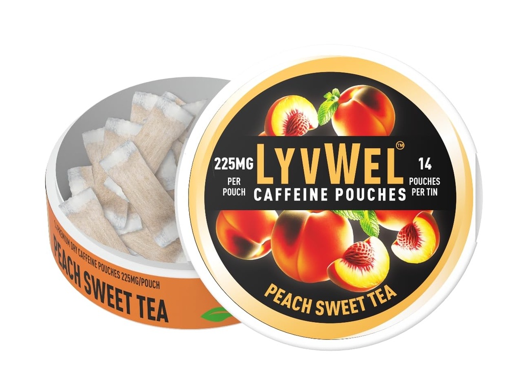 LyvWel Ultra koffeinpåse - Peach Sweet Tea - 225 mg naturkoffein med Guarana - ren energi för fokus och humör - 1-pack (15 påsar)