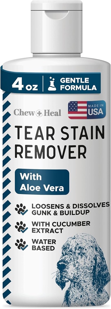 Chew + Heal Labs Pet Tear Stain Remover för hundar - 4 oz vattenbaserade hund Eye Wash & Cleaner - löser Gunk & Buildup - Aloe Vera & Cucumber Extract