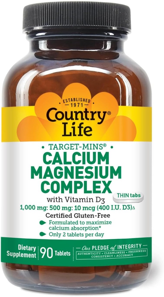 Country Life Target-Mins Calcium Magnesium med vitamin D-Complex, 1000mg/500mg/10mcg, 90 tabletter, certifierad glutenfri, certifierad vegetarisk