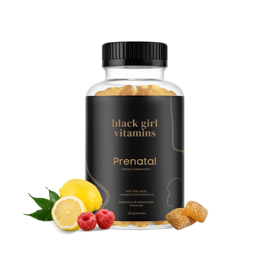 Black Girl Vitamins - Prenatal Gummies för kvinnor Vitamin med folat för benhälsostöd, Gluten-Free, (Raspberry-Lemonade), 60ct