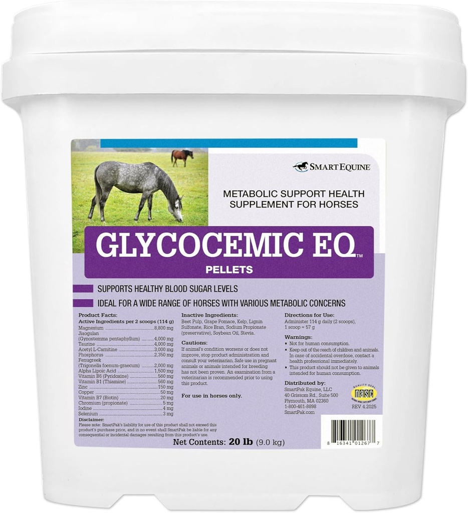 Glykocemisk EQ Pellets | Equine Metabolic Support | för sköldkörtelfunktion och hälsosam viktstöd | Taurin, Jiaogulan och mer | 20 lb Bucket