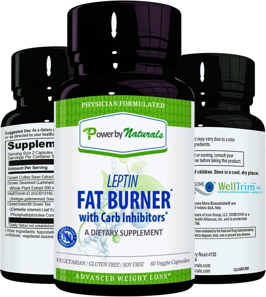 Power By Naturals: Leptin Fat Burner med Carb Blocker - 60 Gluten-Free Capsules, Leptin Weight Loss Diet Pills, Efficient Fat Burner, Appetite Suppressant