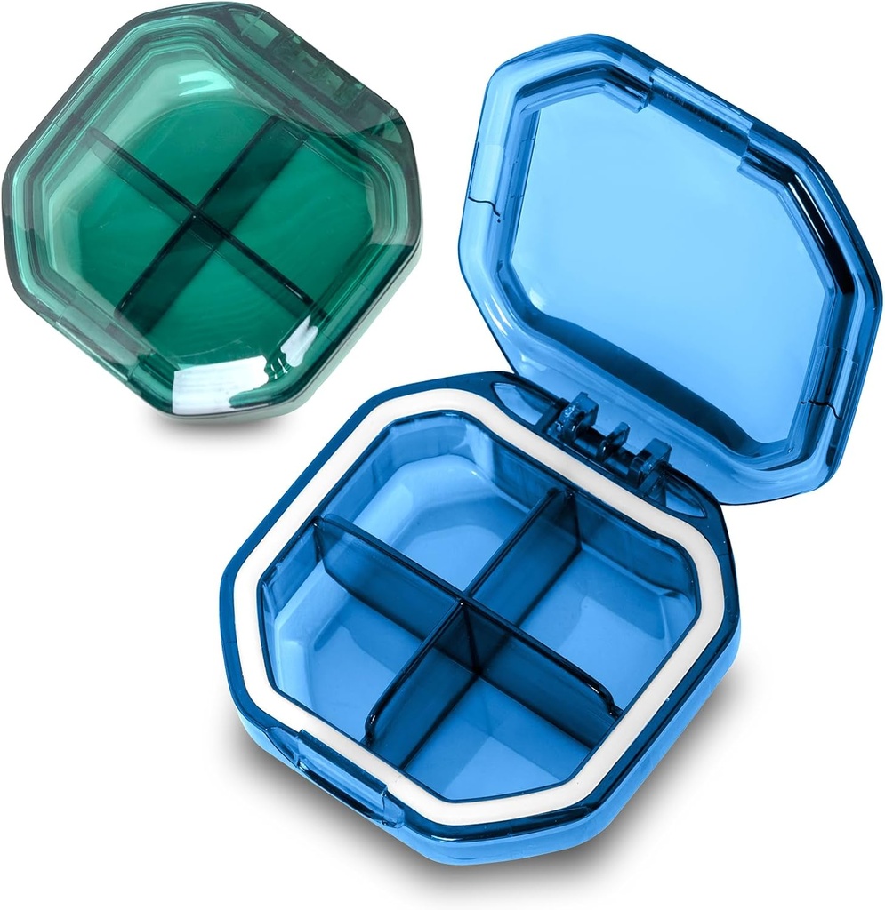 Daily Pill Organizer, 2 Pack 4 Compartments Small Pill Box Portable Pill Case, Travel Pill Organizer för Purse Pocket to Hold Vitamins, Cod Liver Oil, Supplements and Medication (Blue+Green)
