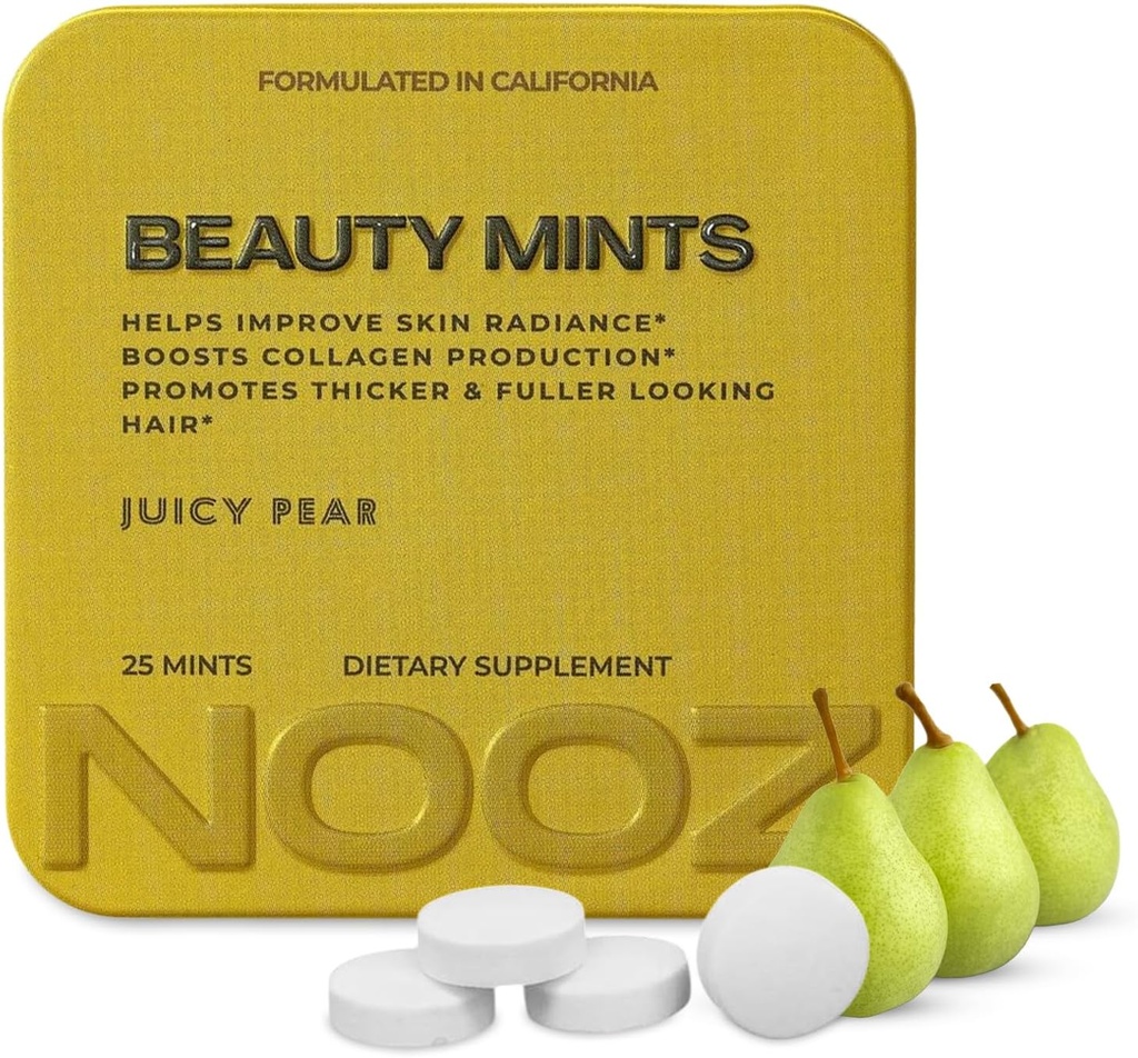 NOOZ Beauty Mints - Sugar-Free Biotin Mint för glödande hud, hälsosamt hår och starka naglar - Juicy Pear smak | Travel-Friendly Supplement med antioxidanter, vitamin C, B6 & B12 | Non-GMO, 25 Mints
