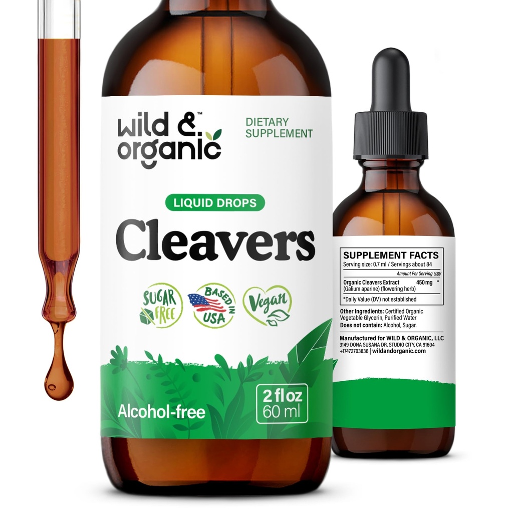 Wild & Organic Cleavers Tincture - Natural Detox Drops med Cleavers Leaf - Galium Aparine Herb Extract Supplement - Vegan, Sugar & Alkoholfri - 2 fl oz