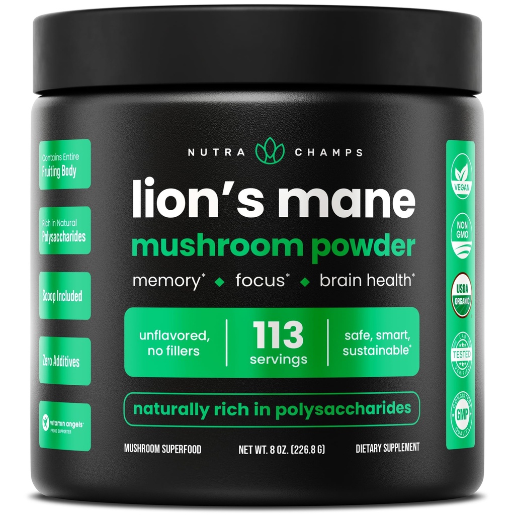 NutraChamps Organic Lions Mane Powder - 2000mg Kraftfull Nootropic för minne, fokus, immunstöd - Vegan Lion's Mane Mushroom Powder Supplement med naturligt upptagna Beta-Glucans - 8oz