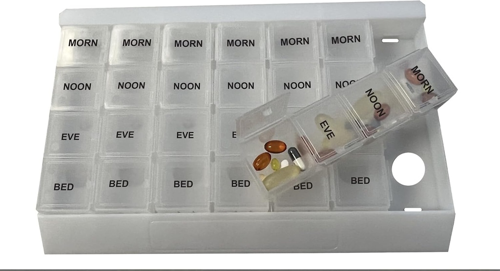 ProMed Unique XL Weekly 4 Times Daily 7 Day Pill Organizer för medicinering, vitaminer och tillägg, piller fall med flyttbara Clear fack Det är BPA-Free med Food-Grade Plastic.