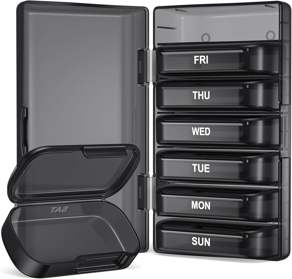 PULIV Weekly Pill Organizer med stor kapacitet, Dual Protection Pill Box 7 Day, Arthritis Friendly Pill Case Easy to Open, Medicine Organizer för vitaminer, Mediciner, fiskoljor, tillägg (Black)