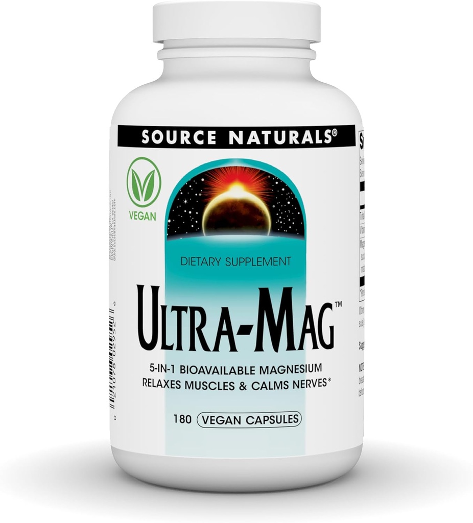 Källa Naturals Ultra-Mag, Vegan Dietary Supplement, 5-in1 Bioavailable Magnesium, Relaxes Muscles & Calms Nerves *, Vegan Capsules (180)