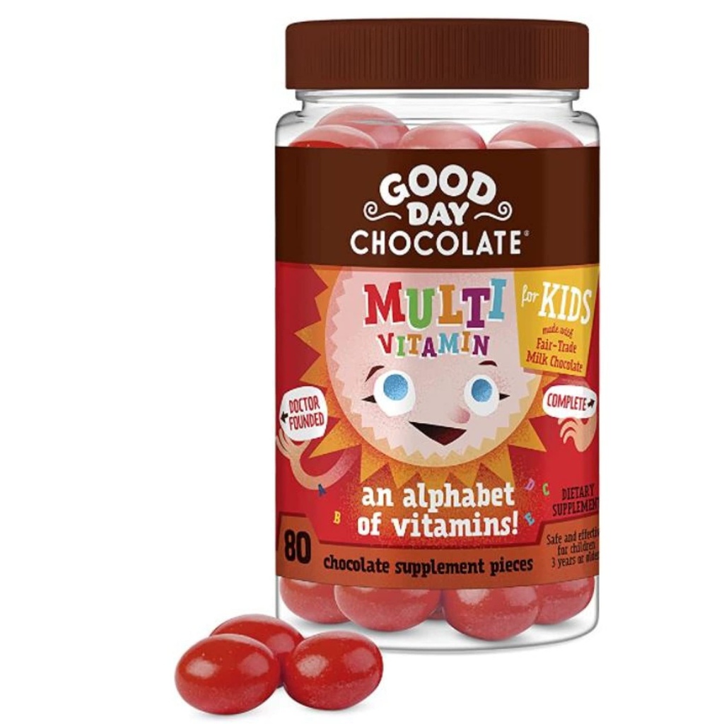 Good Day Chocolate Complete Multivitamin för barn, daglig tillskott av vitamin A, B6, B12, C, D, E, folat och biotin, 2g socker, rättvis handel och icke-GMO Chocolate, 80 bitar
