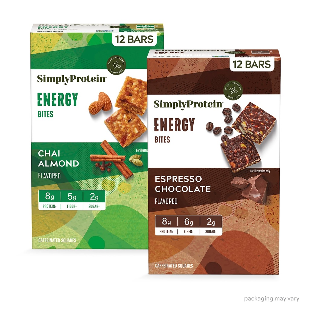 Enkelt protein - Energy Bites Variety Pack, 24 barer - Växtbaserade koffeinerade torg - 55mg koffein - Energiökning - 8g protein, 2g socker, 5-6g fiber, 120-130 kalorier - Vegan, glutenfri, icke GMO