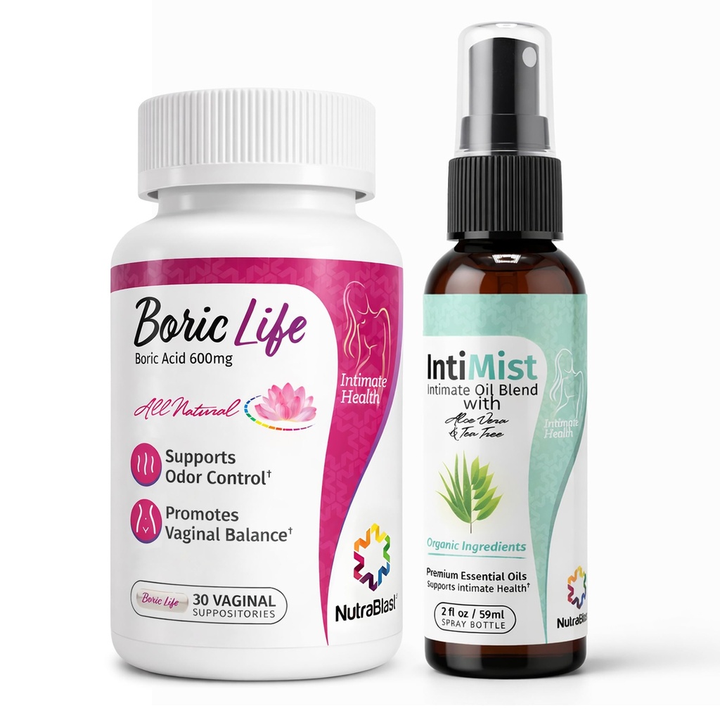NutraBlast Boric Acid Vaginal Suppositories 600mg (30 greve) w/Intimist Essential Oils Blend Spray (2 fl oz)