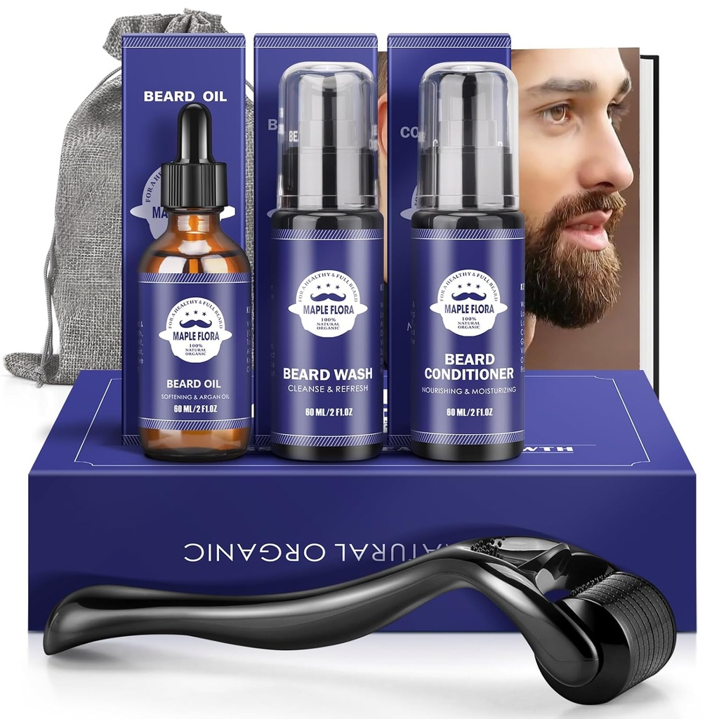 Beard Gift Kit - Oil,Wash,Conditioner, Roller (Needle Length: 0,25 mm) för Beard, Storage Bag, Mustache Gåvor Set för pojkvännen Man Fader Pappa Män Honom