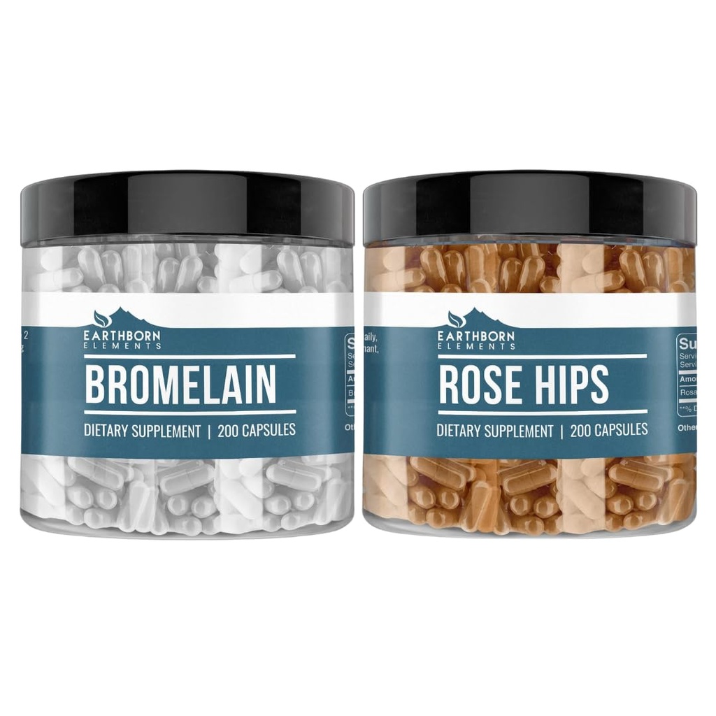 Earthborn Elements Rose HIPS & Bromelain Capsule Bundle (200 kapslar varje), Pure & Undiluted, No Additives