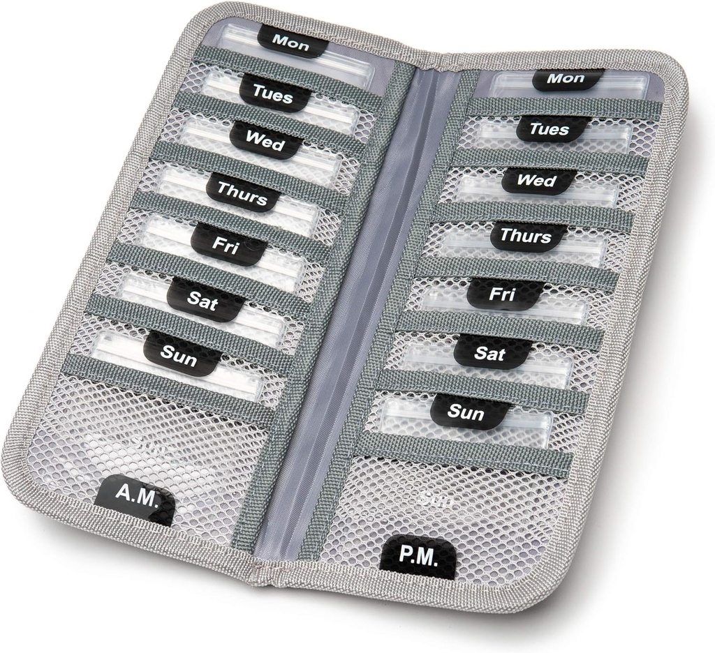 AM / PM Bi-Folding Pill Organizer + Supplement Case för OTC Medicine, Prescription + Vitaminer - 14 Märkt måndag-Sunday Slide Lock Pouches, Grey Travel Pill Case