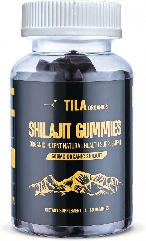 Tila Organic Himalayan Shilajit Resin Soft Gels - 60 Gummies, 600 mg naturligt tillskott för män och kvinnor med över 85 spårmineraler, Fulvic Acid och Humic Acid Vegan Gluten Free