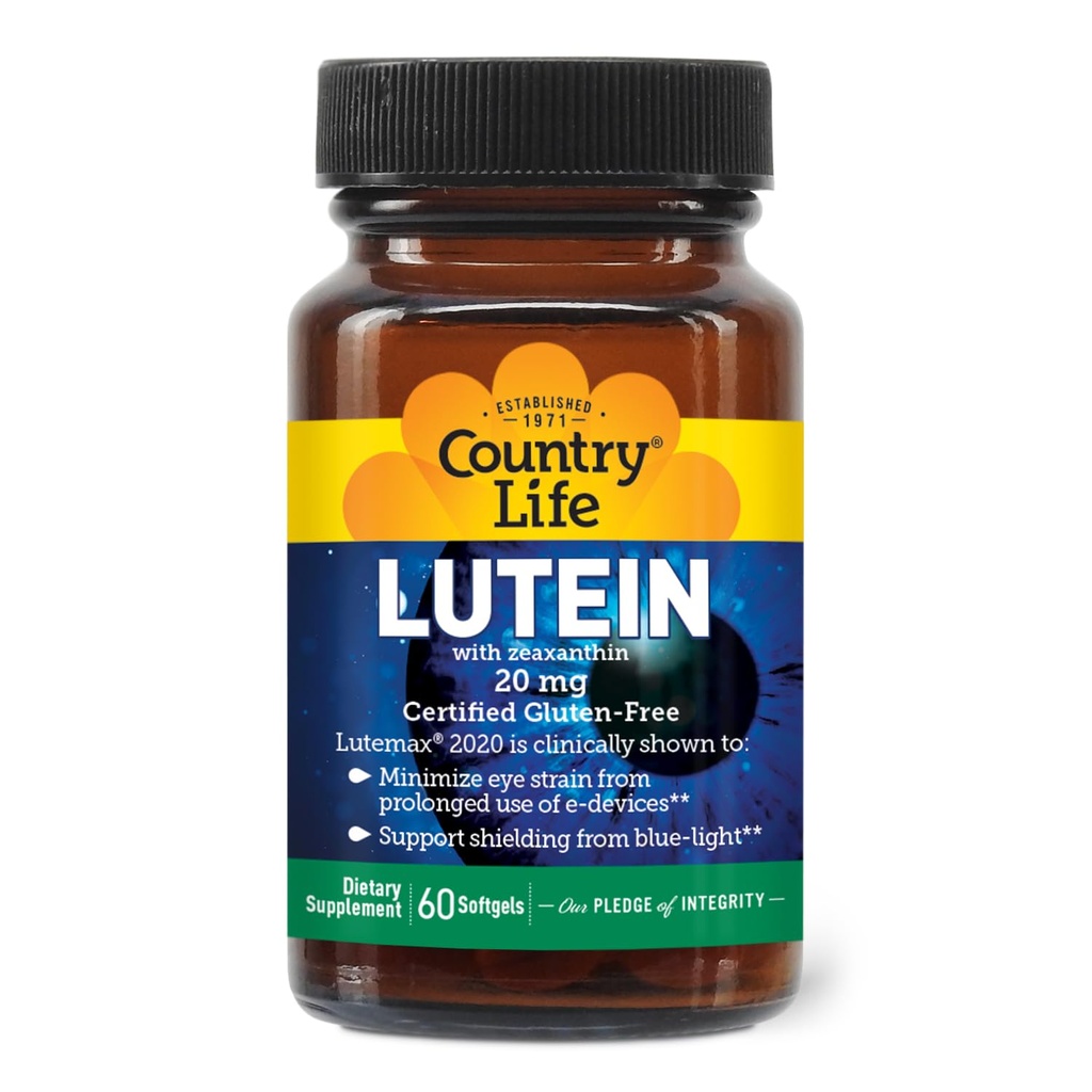 Country Life Lutein 20 mg Supplement - Certified Gluten-Free - Eye Health Support med Lutein och Zeaxanthin - Reducerar Eye Strain från skärmar - No Yeast, Corn, Wheat, Milk - 60 Softgels
