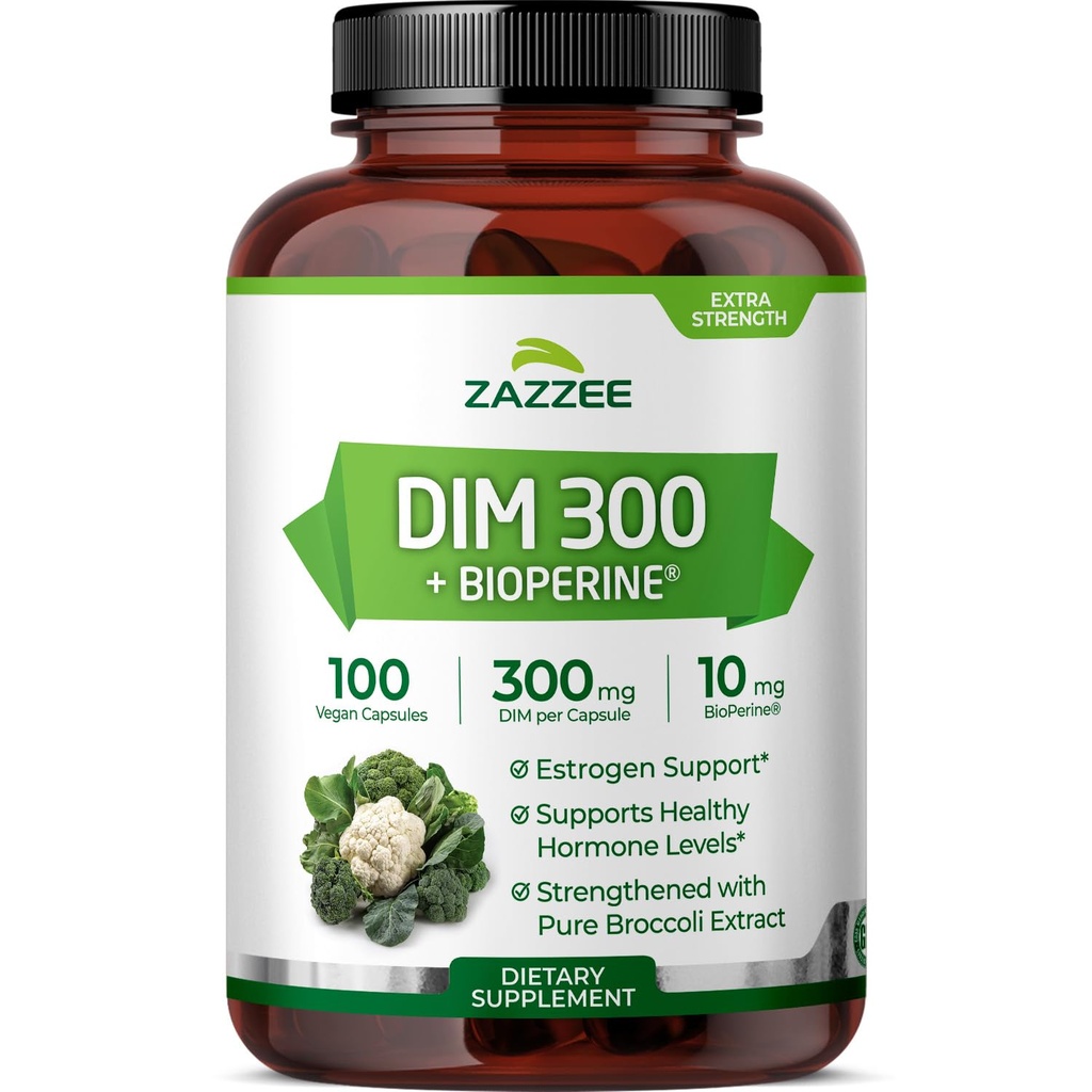 Zazzee DIM 300 mg Per Capsule, 100 Count, Plus 10 mg BioPerine, Östrogen Balance, Hormonal Acne, Menopause Support, Hormonal Balance, Diindolylmethane, Vegan, All-Natural, Non-GMO, Gjord i USA