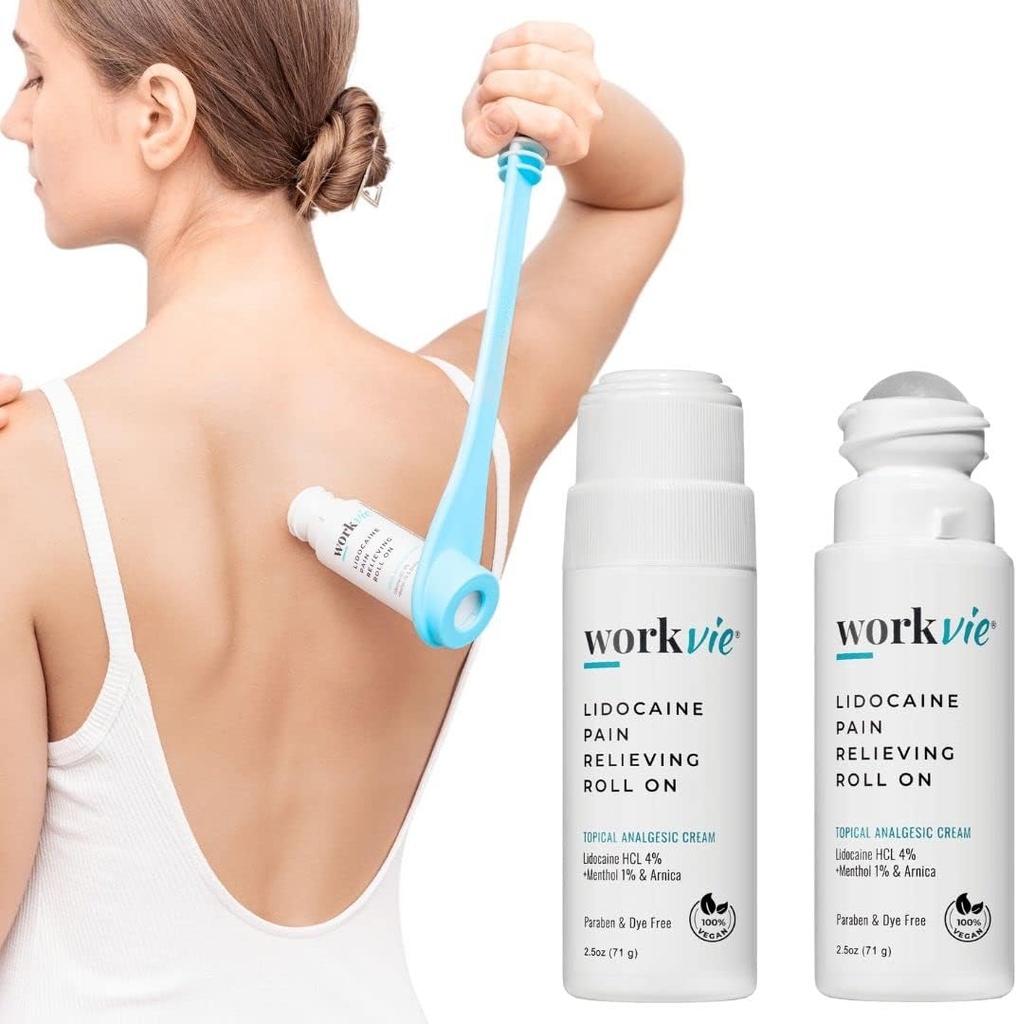 Lidocaine Pain Relief Roll på 2 Pack & Easy Reach Applicator Tool - Snabbverkande Topisk Lidocaine Maximal Styrka med Arnica Montana & Aloe Vera för muskler, gemensamma, Back, Neck & Feet