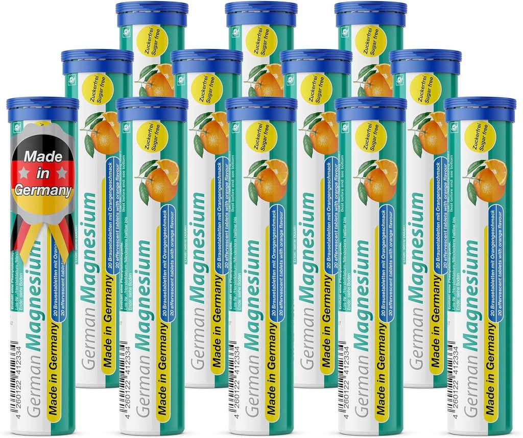 T&D German Magnesium Oxide Supplement | Effervescent Tablets | Orange smak - 200 mg Magnesium per servering | Sugar Free, Vegan Pharma - Tillverkad i Tyskland