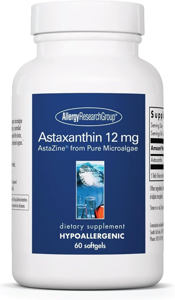 Allergy Research Group Astaxanthin 12mg Supplement - från Organic Microalgae, Eye Health, AstaZine Astaxanthin, Natural Antioxidant, Skin Health, Brain Function Support, Softgels - 60 Count