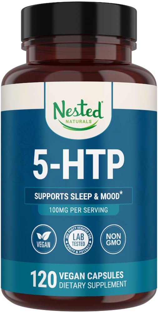 Nested Naturals 5-HTP 100 mg (5-hydroxytryptofan) - Sömn- och humörstöd - 5HTP-tillskott för naturligt källad Serotonin - 120 icke-GMO, Vegan kapslar