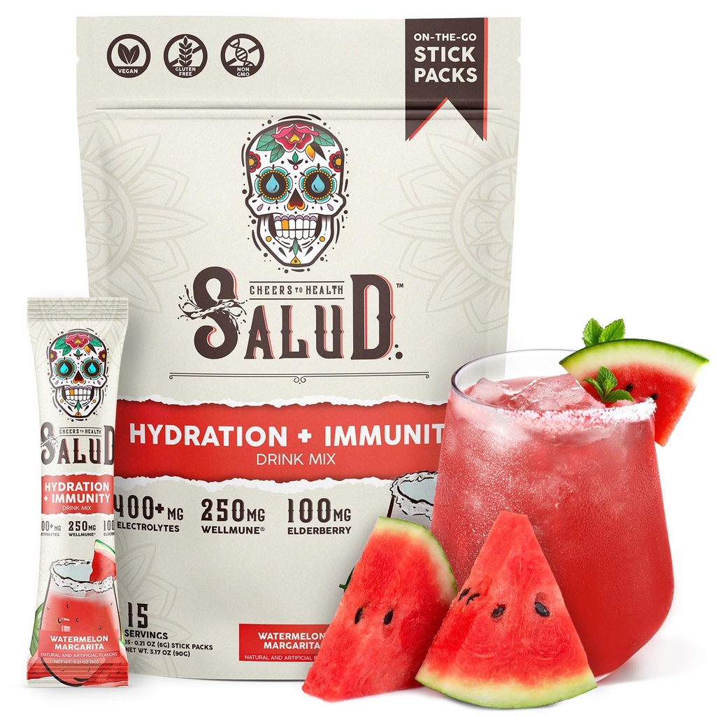 Salud 2-i-1 Hydration och Immunity Electrolytes Powder, Watermelon Margarita - 15 portioner, Agua Fresca Drink Mix, Elderberry, Dairy & Soy Free, Non-GMO, Gluten Free, Vegan, Low Calorie, 1G Sugar