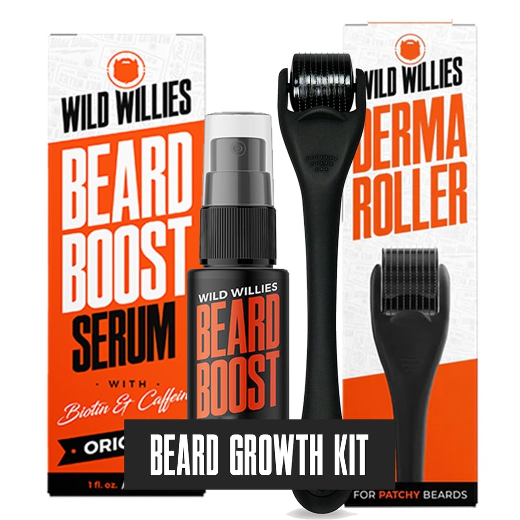 Wild Willies Beard Growth Kit - Premium Derma Roller & Beard Boost Serum - Microneedle Roller & Beard Hair Growth Serum med Biotin & Caffeine för Fuller Beard, Scalp Care - Lätt att använda Kit med Case