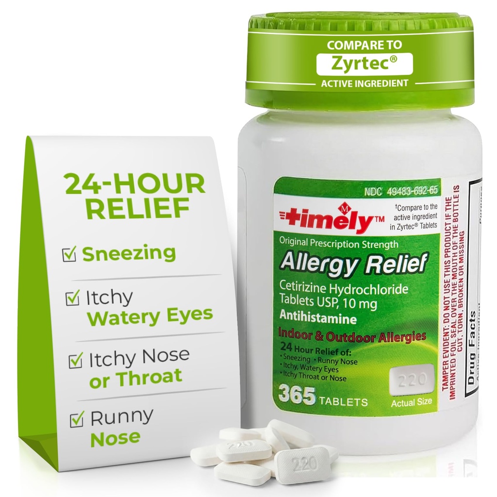 TIME-CAP LABS, INC. Timely Cetirizine HCl 10 Mg 365 tabletter - 24 timmars allergilindring från Sneezing, Runny Nose, Itchy Watery Eyes, Itchy Throat eller Nose