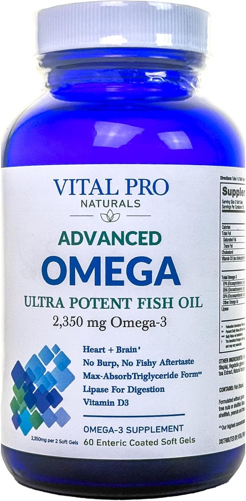 Vital Pro Naturals - Avancerad Omega Wild fångad norsk fiskolja med 2350mg av hög styrka Omega 3 fettsyra tillskott EPA DHA och DPA för hjärna och hjärta 60 Softgels (Packaging May Vary)