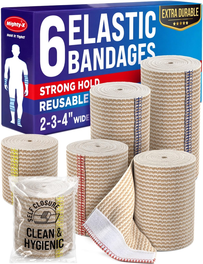High-Performance Elastic Bandage Wrap - 6 Pack (2x2in, 2x3in, 2x4in) - Självstängande Strong Compression Bandage Wrap för fötter, fotleder, handleder och knän