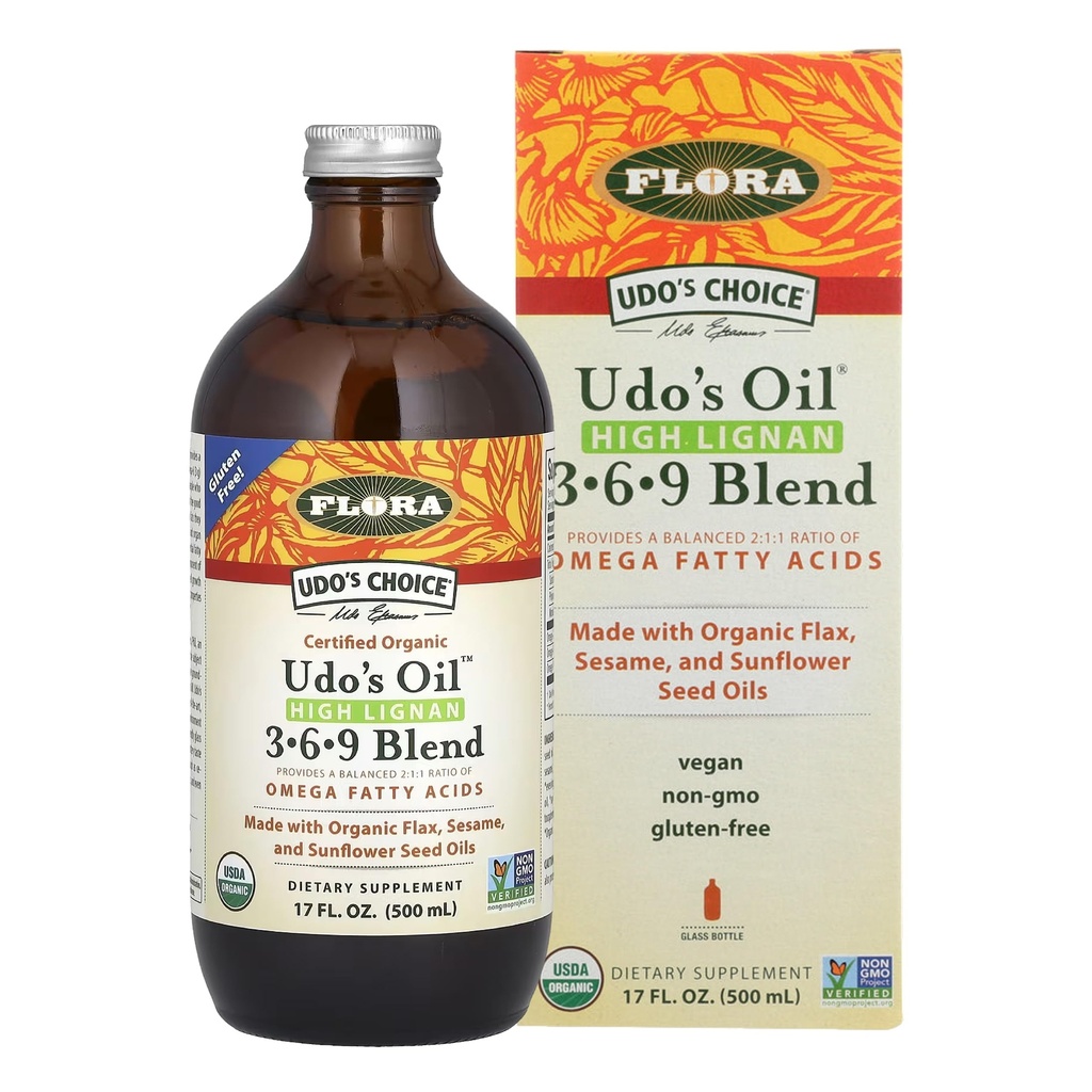 Flora - Udo's Choice High-Lignan 369 Omega Oil Blend, Udo's Oil Balanced 2:1:1 Ratio of Omega Fatty Acids, Made with Organic Flax, Sesame & Sunflower Seed Oils, 17-oz. Glasflaskan