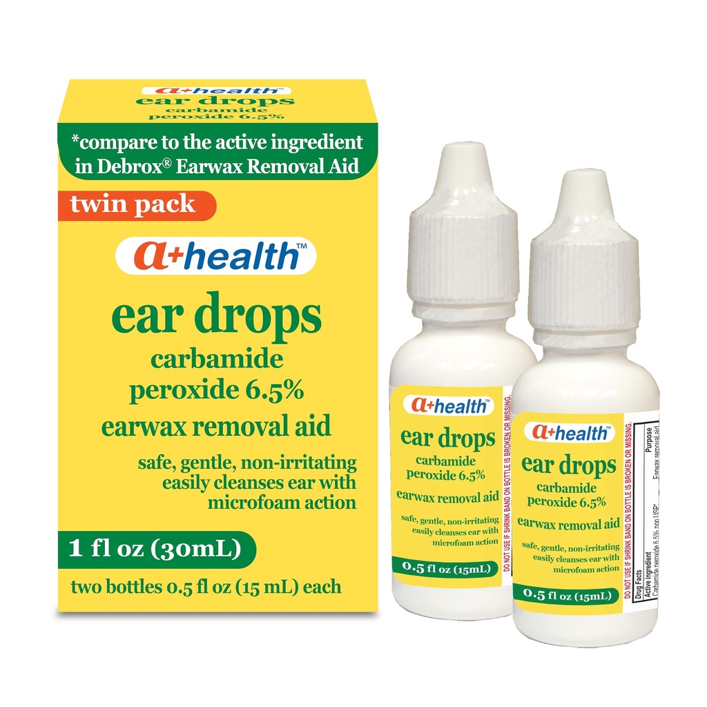 A + Health Earwax Removal Drops, Carbamide Peroxid 6,5%, Made in USA, Twin Pack, 1 fl Ounce (Två 0,5 fl oz flaskor)