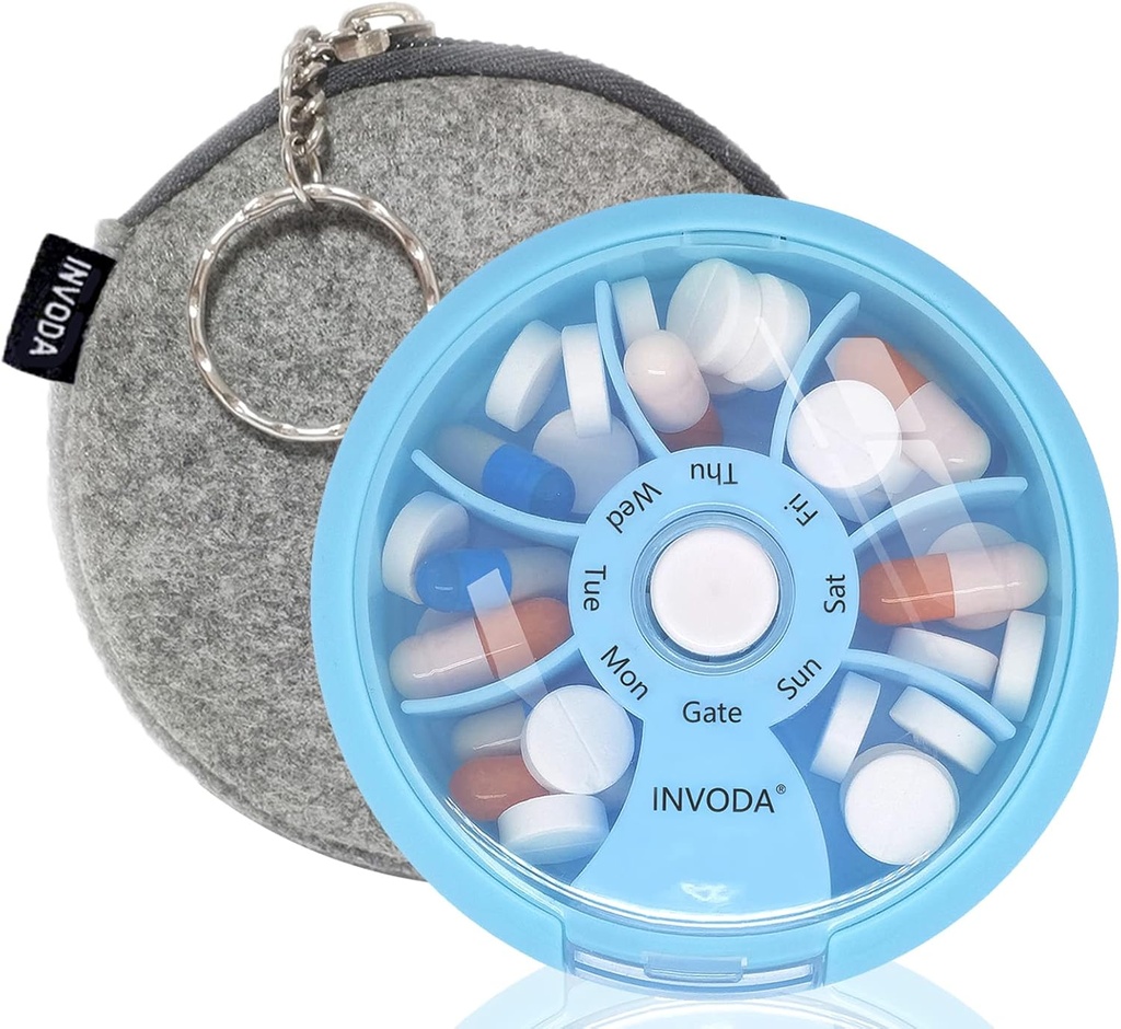 INVODA Weekly Pill Organizer 7 Compartment Rotating Pill Box för daglig medicinering och vitaminer - Portable Travel Pill Case Fish Oil Supplements Vitamins Organizer (Blue + Bag)