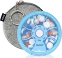 INVODA Weekly Pill Organizer 7 Compartment Rotating Pill Box för daglig medicinering och vitaminer - Portable Travel Pill Case Fish Oil Supplements Vitamins Organizer (Blue + Bag)